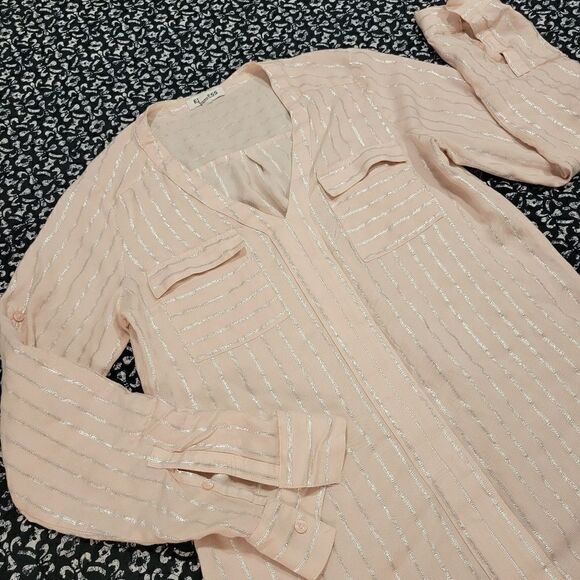 Express Blush Pink Shimmer Striped Business Dressy Loose Fit Flowy Blouse Tunic - Picture 2 of 6